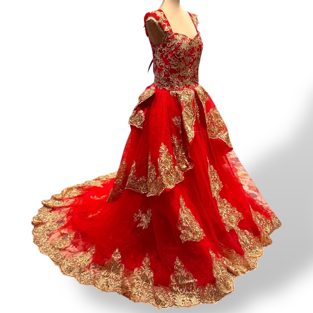 Red Embroidered quinceañera Ball Gown with Gold Lace
